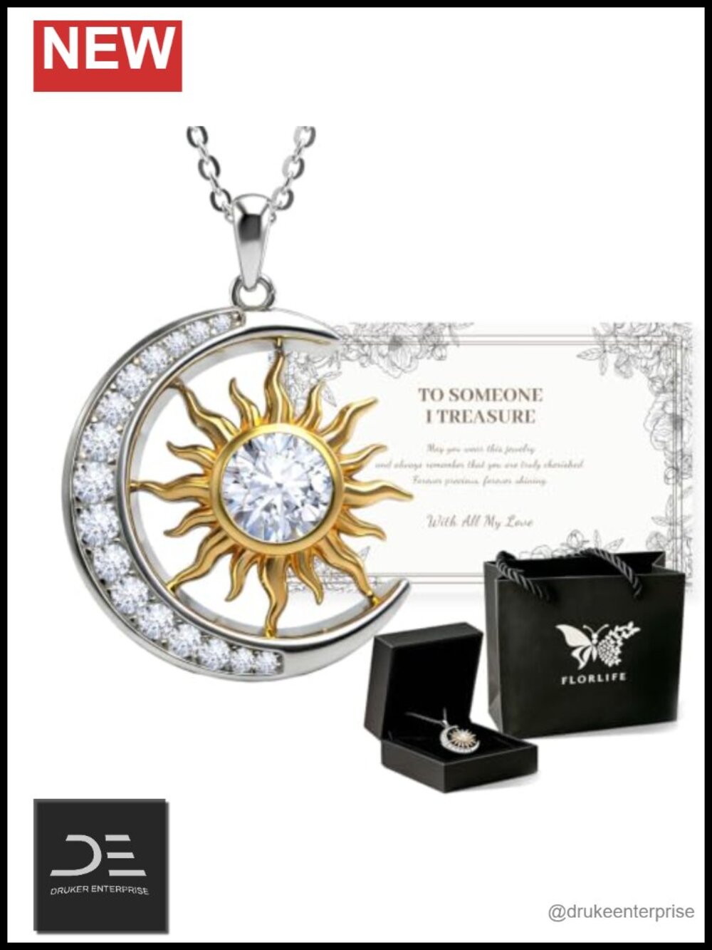 Celestial Sun & Moon Pendant Necklace Sterling Silver 18K White Gold Plated